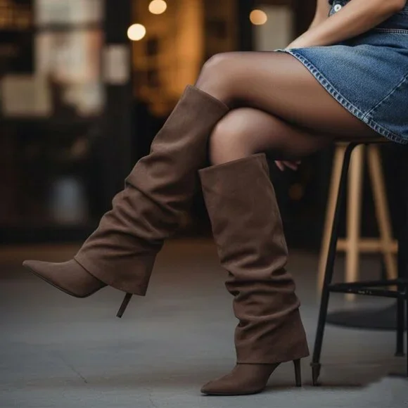 Women's Brown-Suede Knee High Fold Over Wide Calf Pointed Toe Long Heel Boot - Picture 3 of 6